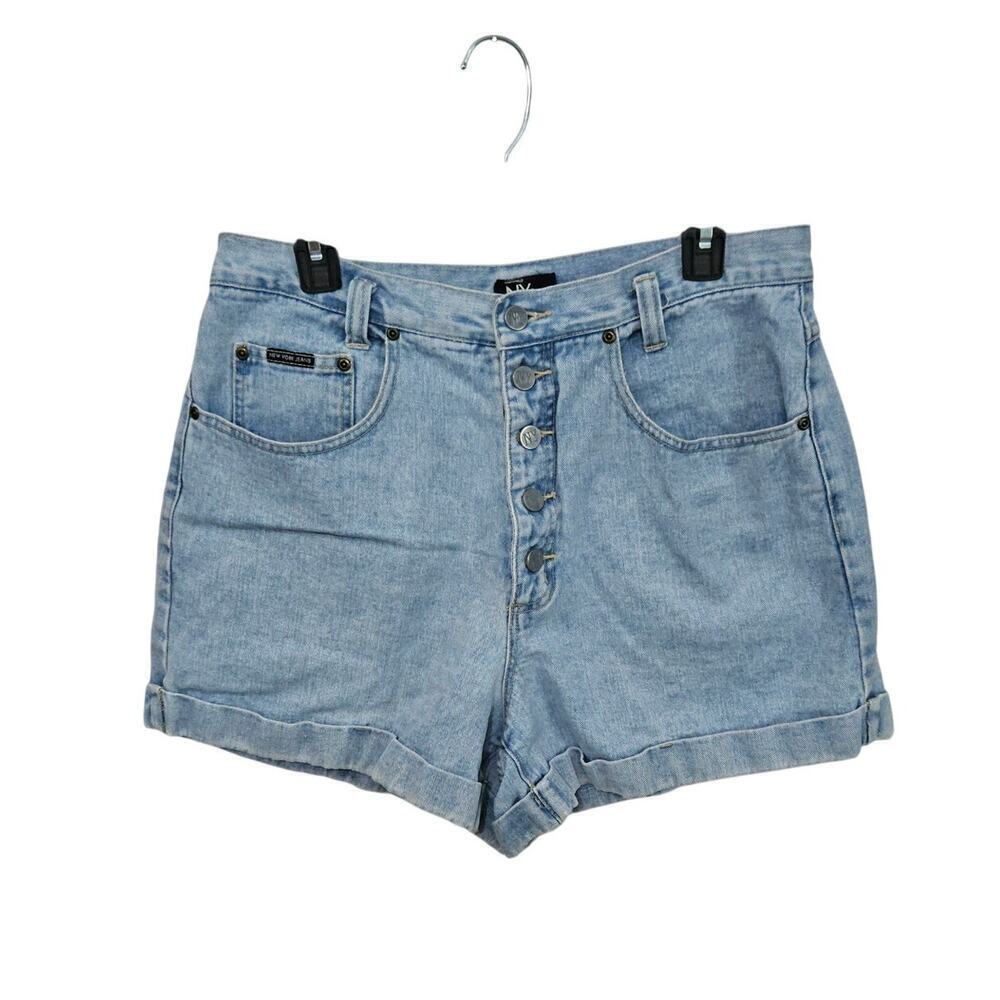 High Waisted Button Front Womens Shorts Sz 14 Large Light Blue Denim Rolled Hem